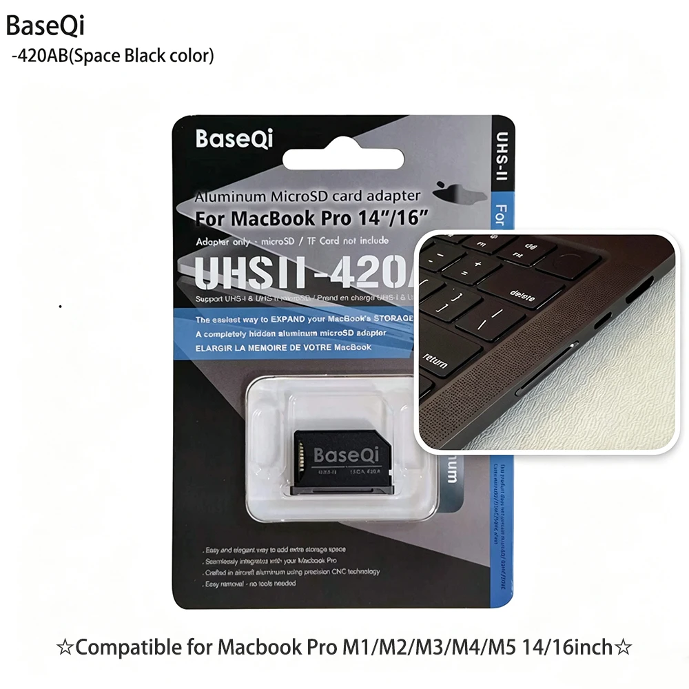 BaseQi For MacBook Pro14inch 16inch Year 2021-2026 Micro SD Card Adapter 420AB Aluminum Mini Drive Reader Space Black Color