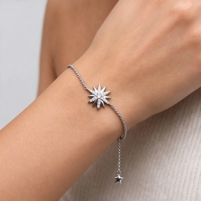 13mm CZ Pave Starburst Adjustable Slider Bolo Chain Bracelet for Women High Quality Polished Alloy Dainty Cable Chain with Sparkling Star Charm Minimalist Everyday Fashion Jewelry for Daily Wear Party Wedding Christmas Birthday Anniversary Gift for Her
