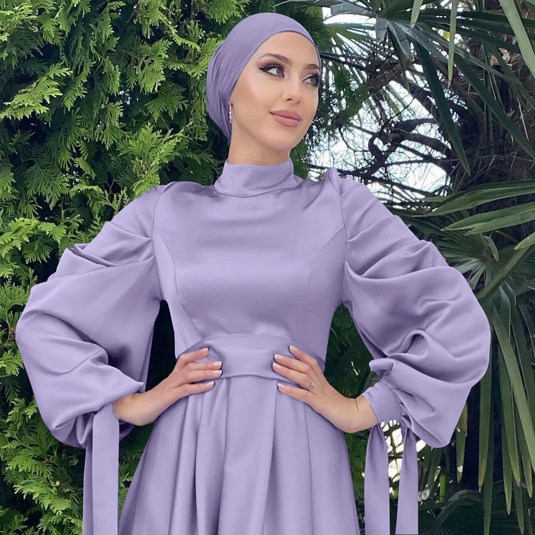 Imagem -03 - Moda Muçulmana Feminina Vestido de Cetim Islâmico Hijab Árabe Plissado Abaya Dubai Manga Balão com Fita Eid Mubarak Vestidos Turcos