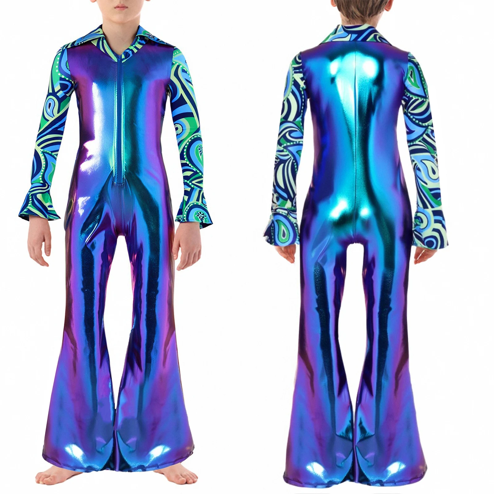 

Kids Boys Disco Dance Costume Shiny Metallic Fashion Printed Lapel Collar Long Flare Sleeve Zipper Bell-Bottomed Pants Jumpsuit