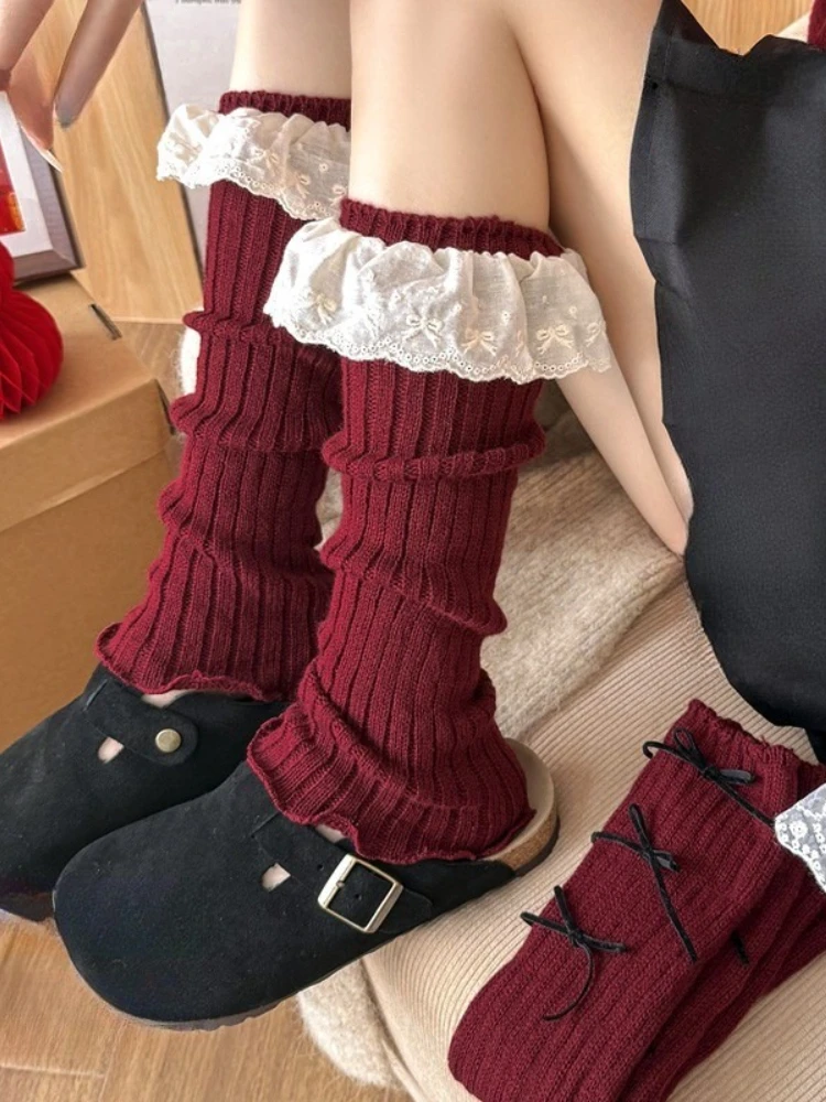 New Design Bow Wine Red Leg Warmers Autumn/Winter Women Ballet Style Lace Trim Stacked Socks Christmas Knitted JK Slouch Socks