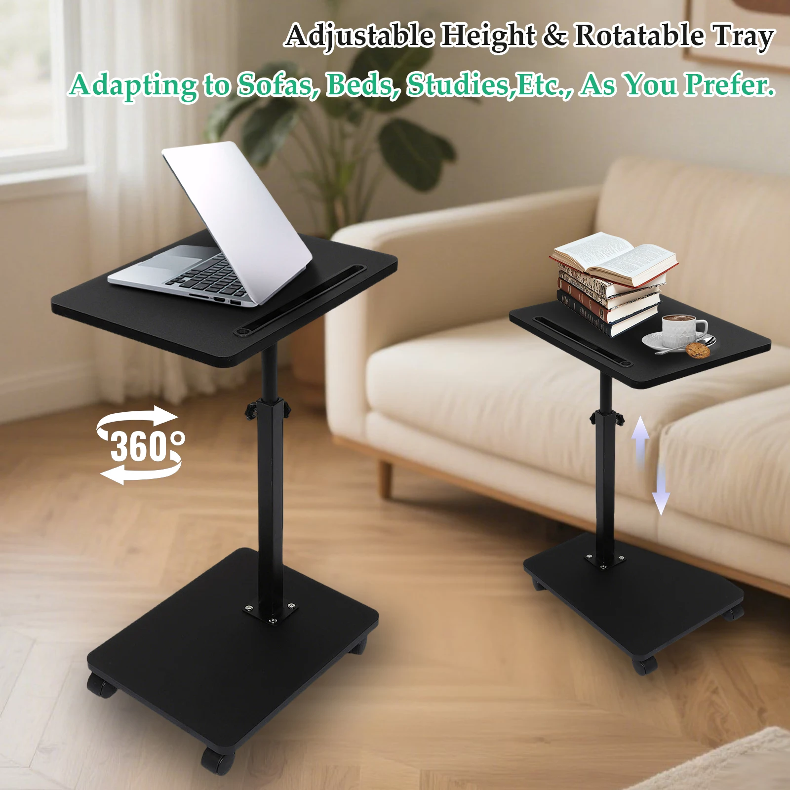 End Table with Roling Wheels 360 Swivel Height Adjustable Couch Side Table Sofa Arm Tray TV Tray For Bedroom Living Room