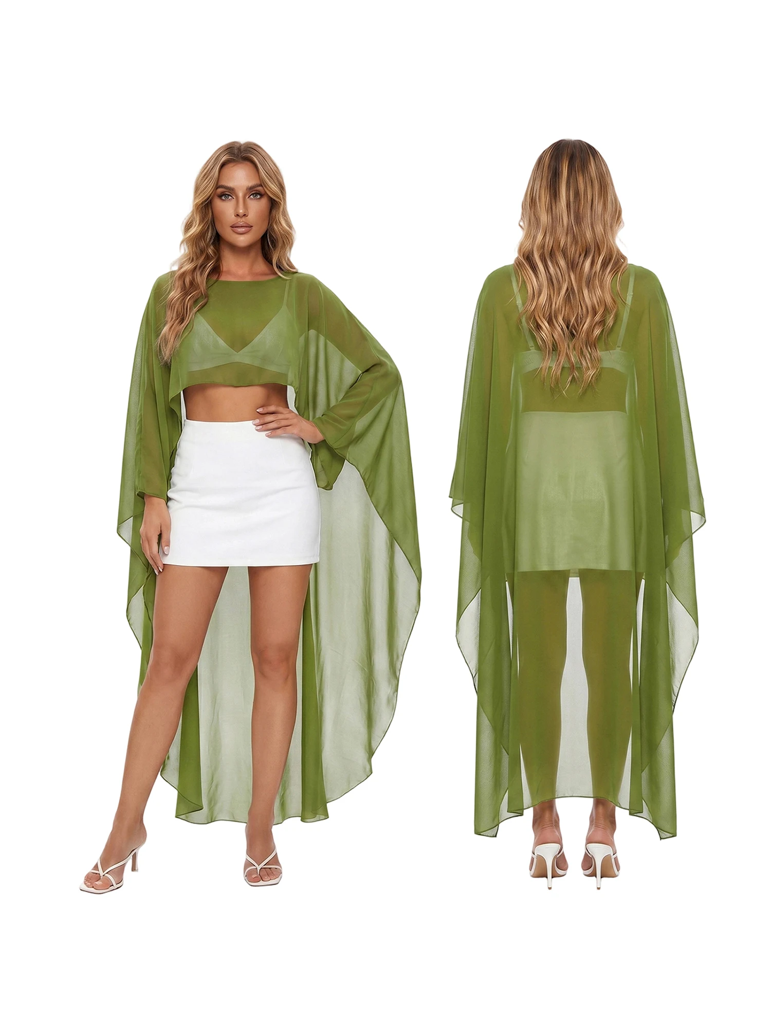 Damen High-Low Chiffon Cape Top Langarm Durchsichtig Asymmetrischer Poncho für Alltag und Abendpartys – Detail 3