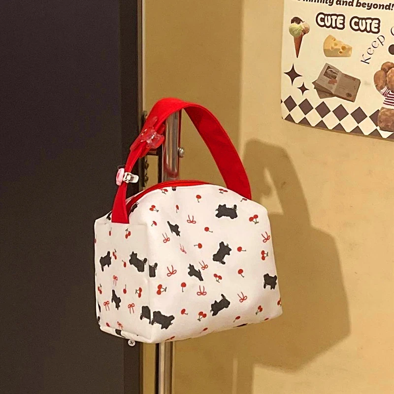 Black Kitty Cat Cherry Bow Handheld Makeup Storage Case Roomy Portable Travel Cosmetic Bag Trendy Stash Bag for Rewards