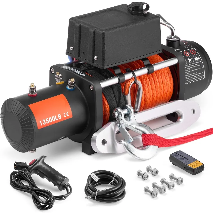 

Electric Winch 13500 lbs Load Capacity 12V DC Truck Winch with 3/8 in x 80 ft Synthetic Rope Wireless and Wired Remote Control