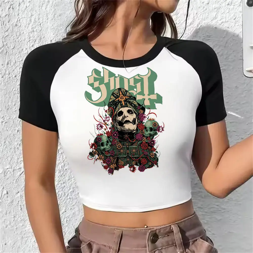 Ghost Band crop top gyaru 2025 y2k babydoll Streetwear cute Slim Fit Cute cropped girls clothes