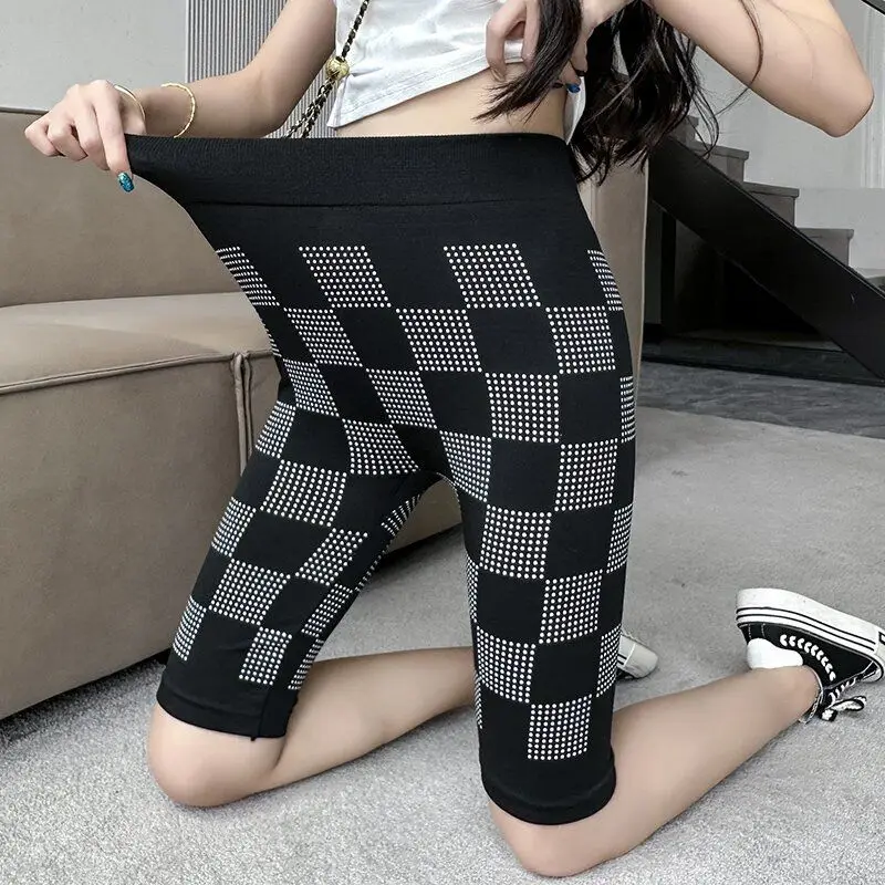 

Ladies All-match Elasticity Straight Summer Office Lady Simplicity Plaid Elastic Waist Bodycon Pants Casual Five Quarter Pants