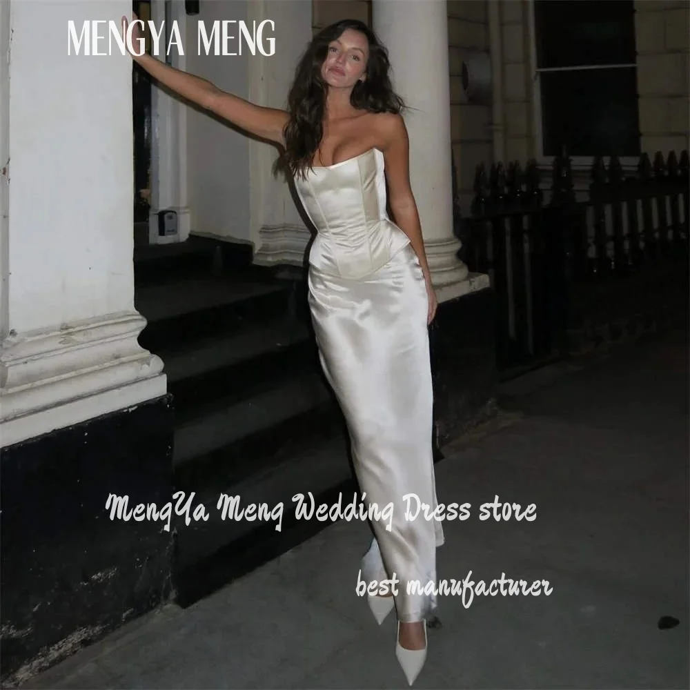 ZHUISHU Customized Elegant Boho Sleeveless Strapless Satin Sheath Wedding Dress For Women Lace Up Back Ankle Length Bridal Gown