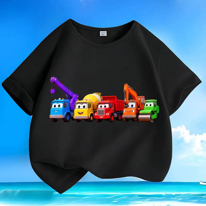 New Summer Children's Short Sleeved Pure Cotton Round Neck Loose Cartoon Versatile Parent-child Tshirt for Construction Vehicles