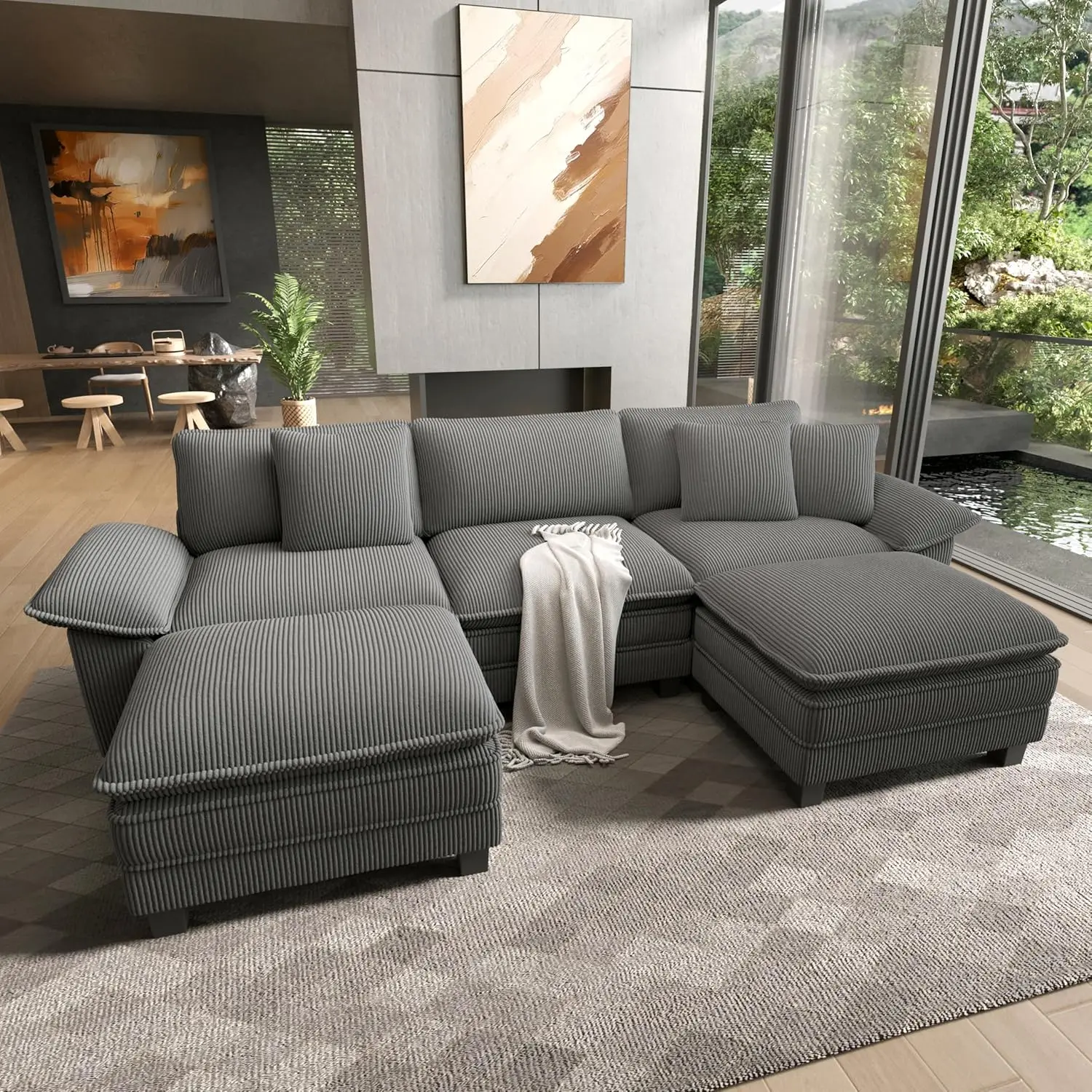 

HERA'S HOUSE Sofá modular en forma de U de 124 pulgadas con brazos extraíbles, asiento profundo de pana otomana de 5 asientos y