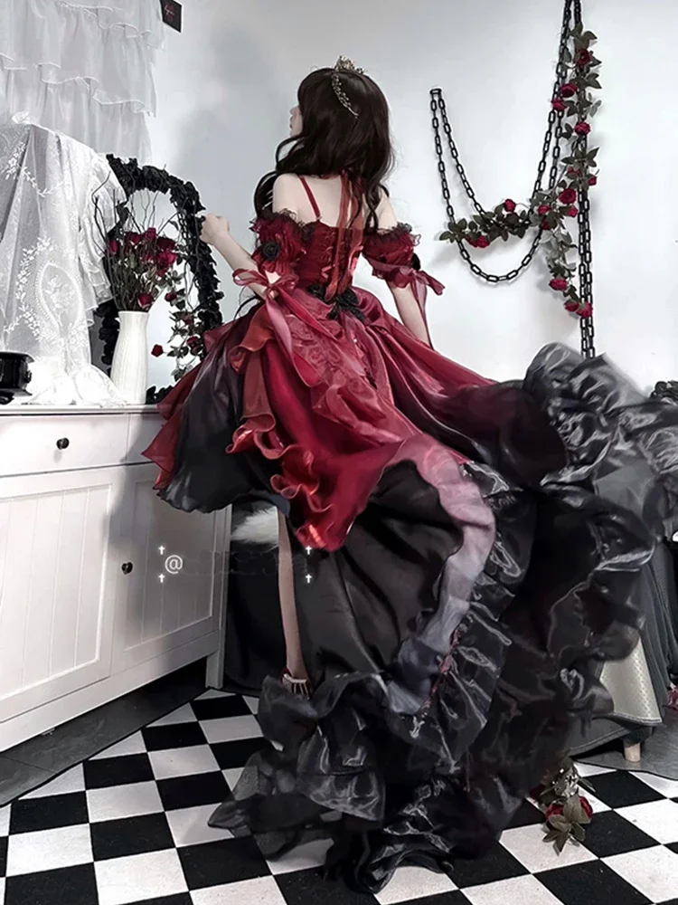 Vestido de princesa esponjoso de Lolita para mujer, vestido de boda de flores rojas grandes y encantadoras