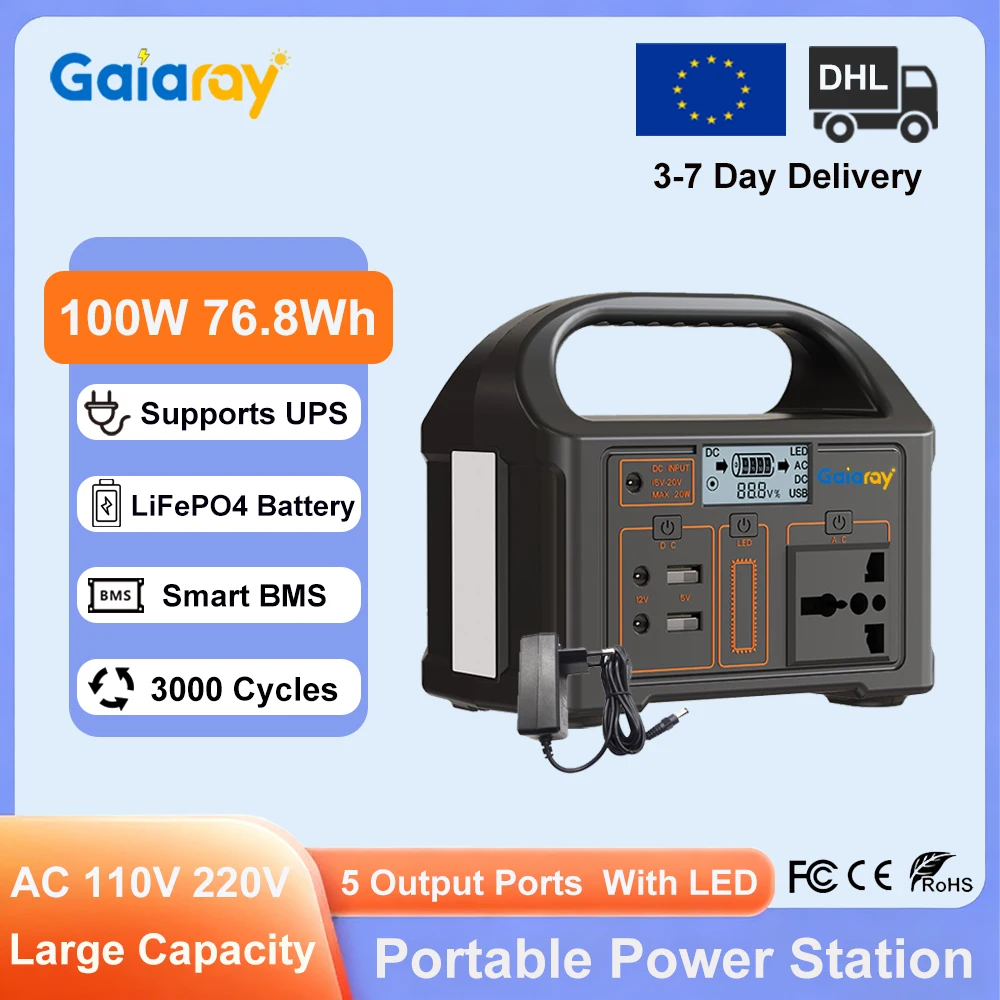 Station d'alimentation portable Gaiaray 100W 76,8Wh, générateur solaire avec sortie AC 220V, batterie LiFePO4, alimentation de secours UPS pour le camping