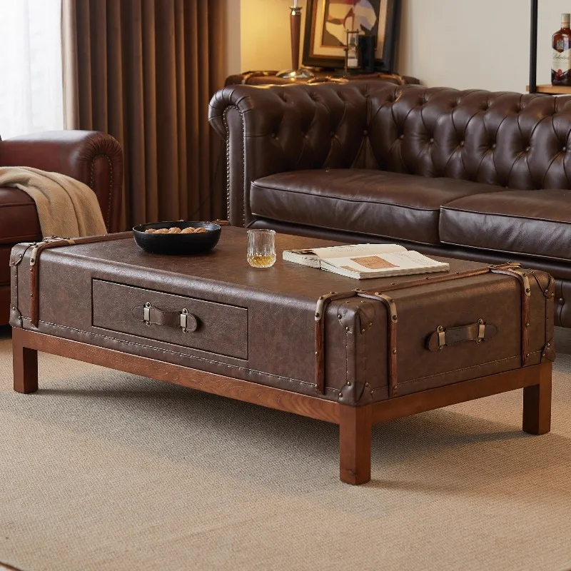 American retro leather box coffee table leather tea table living room hard box antique cigar bar coffee table French solid wood