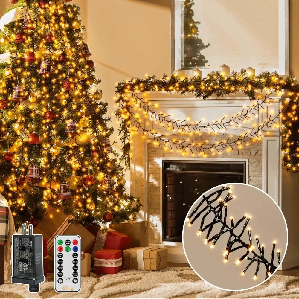 

Cluster Lights for Christmas Tree, 1000LED 49ft Warm White Christmas Lights Outdoor 8 Modes Timer Remote, Waterproof Strin