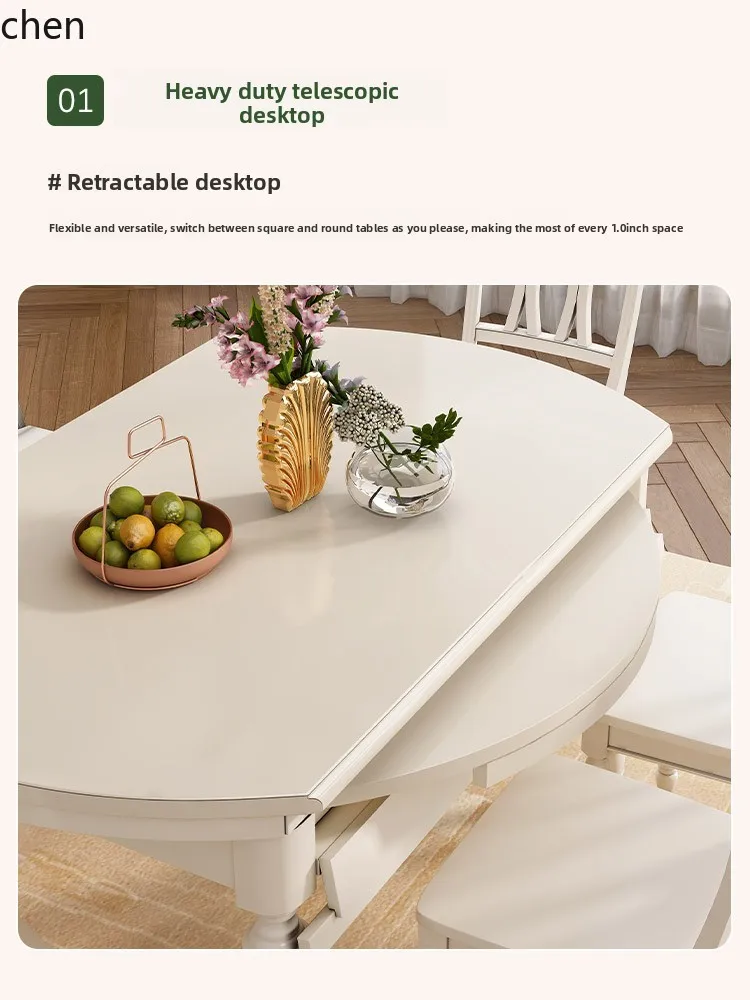 HT Dining Table Extendable Folding Home Use Convertible Round Table Vintage Solid Wood Dining Table and Chair Set