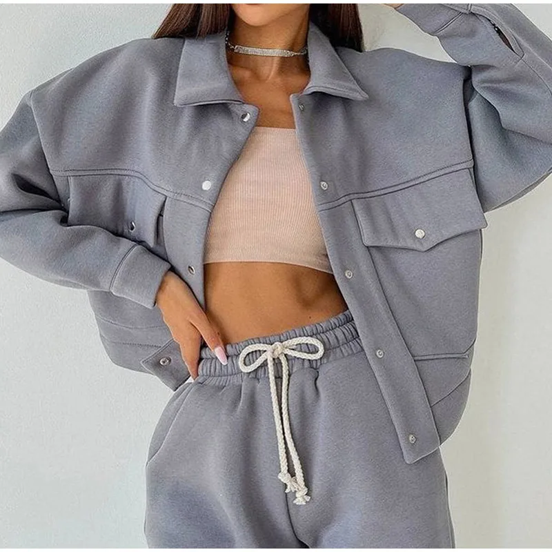 Women Casual Two Piece Sets Autumn Winter Fashion Female Warm Suits Turn-Down Collar Jacket And Drawstring Trouser Tracksuits