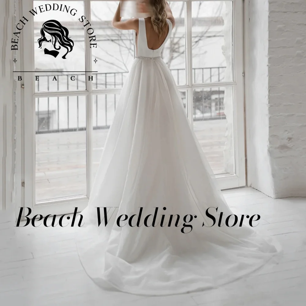 Beach Elegant Customized  Wedding Dress Square Neckline A-Line Satin Bridal Gown Sexy Backless Wedding Gowns with Beading Belt