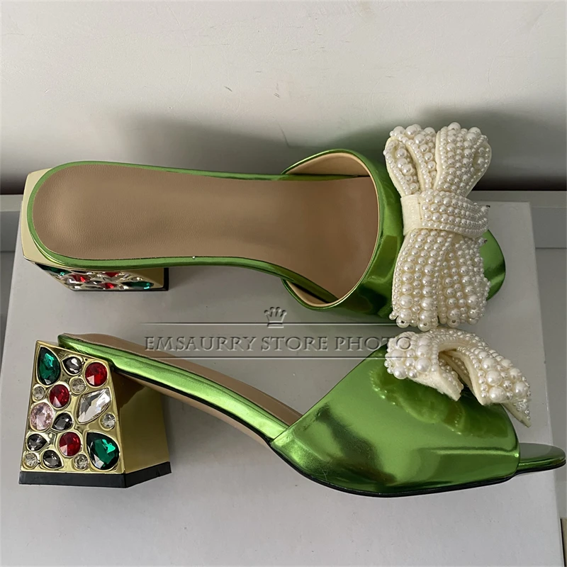 Quality Beads Butterfly-Knot Flower Sandals Women Colorful Rhinestone Square Heel Slingbacks Patent Leather Summer Shoes