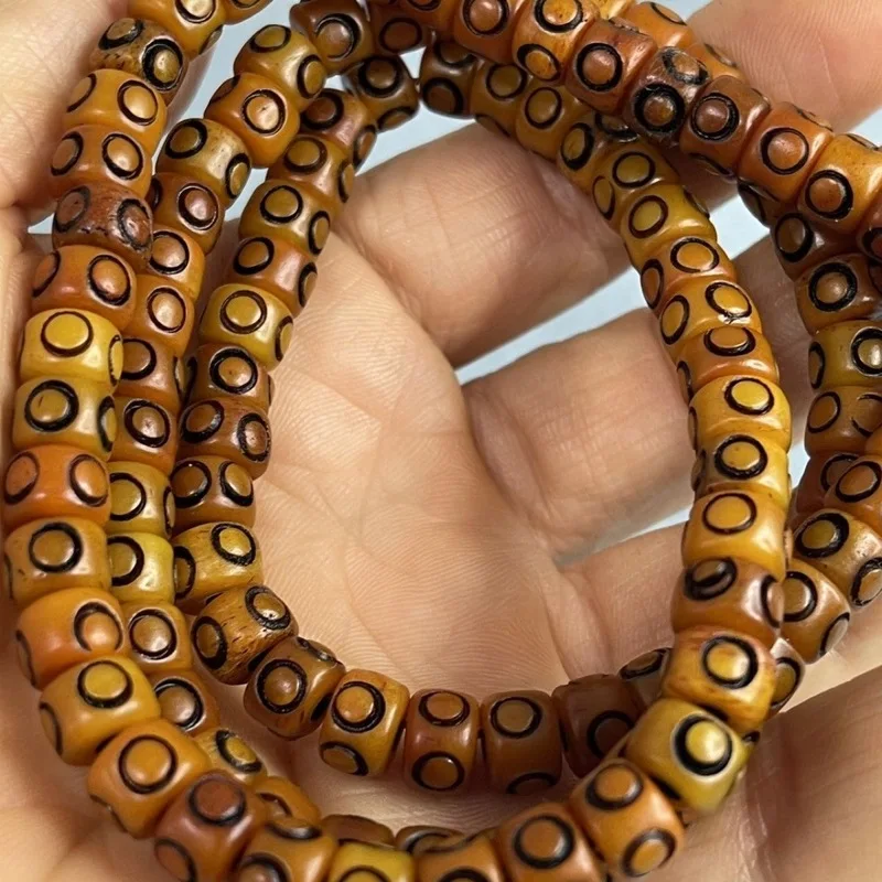 Ethnic Tibetan-style vintage material barrel beads, camel bone carved with mantra eyes, 108-bead Buddhist bracelet
