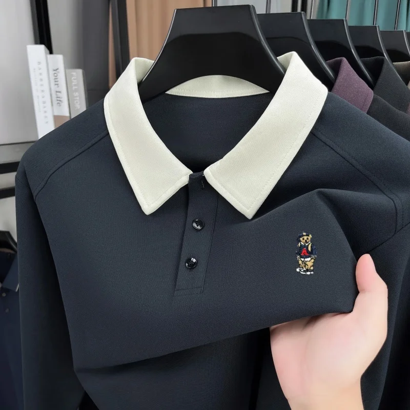 

Premium luxury men's long sleeve polo shirt brand cartoon bear embroidery fashion comfort autumn new color blocked lapel T-shirt