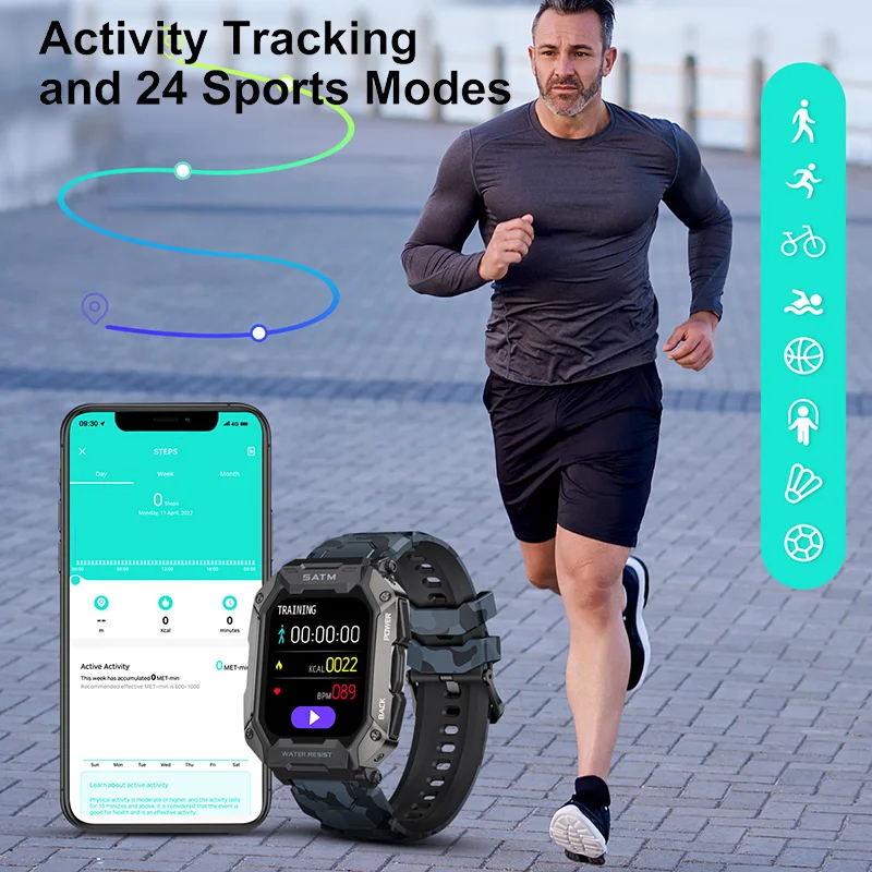 LIGE Military Smart Watch Men 5ATM Waterproof Smartwatch For Android iOS Fitness Swim Bracelet Camouflage Digital Watch Outdoor