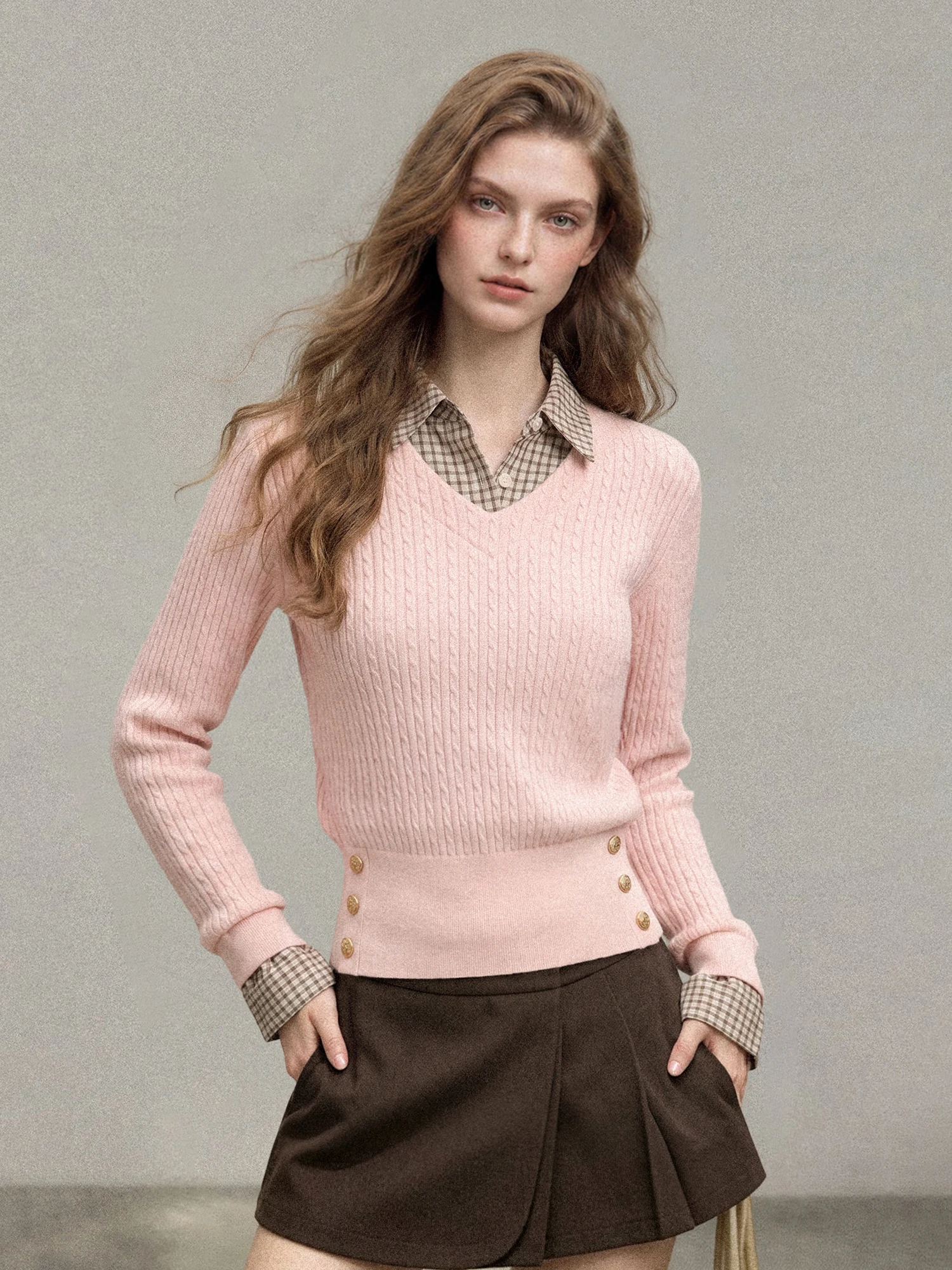 Pink  Neck Long Sleeve Knitted Sweater Women Early Autumn Winter Slim Waist Patchwork Plaid Design Top Quality Korean Style