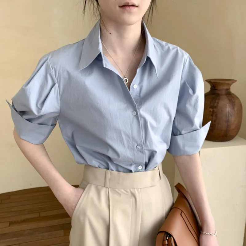 2025 Summer Korean Woman Clothing White Basic Shirts For Women Short Sleeve Turn Down Collar Blouses Casual Button Tops Mujer