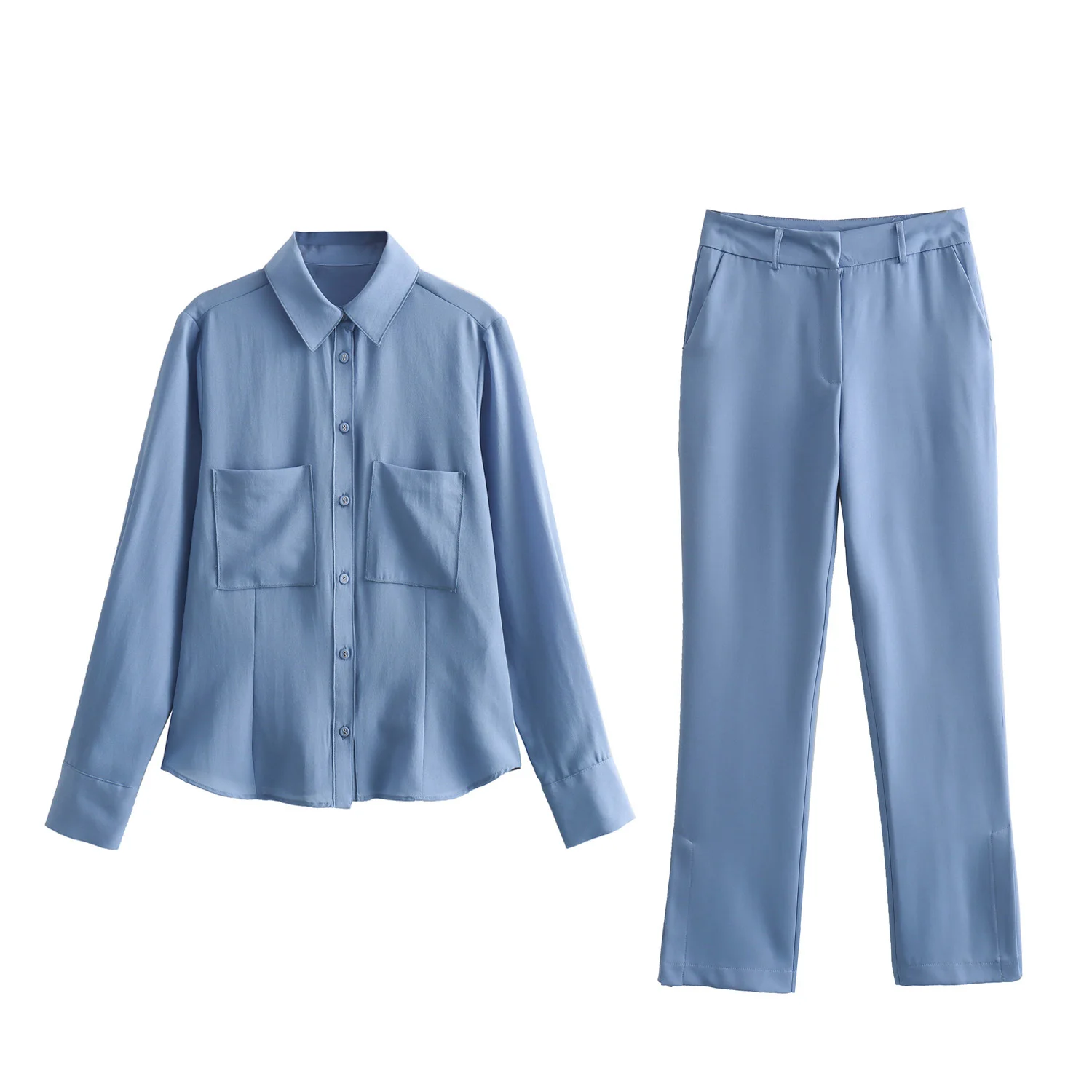 TRAFZA Female Popular Pants Sets Blue Lapel Collar Long Sleeves Single Breasted Shirts+High Waist Pockets Zipper Trousers TRAF