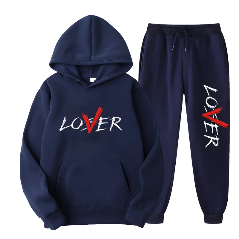 2024 Fashion Design LOVER Letter Print Hoodie Set Men Women Casual Loose Cotton Keep Warm Hooded Top+Casual Sweatpants