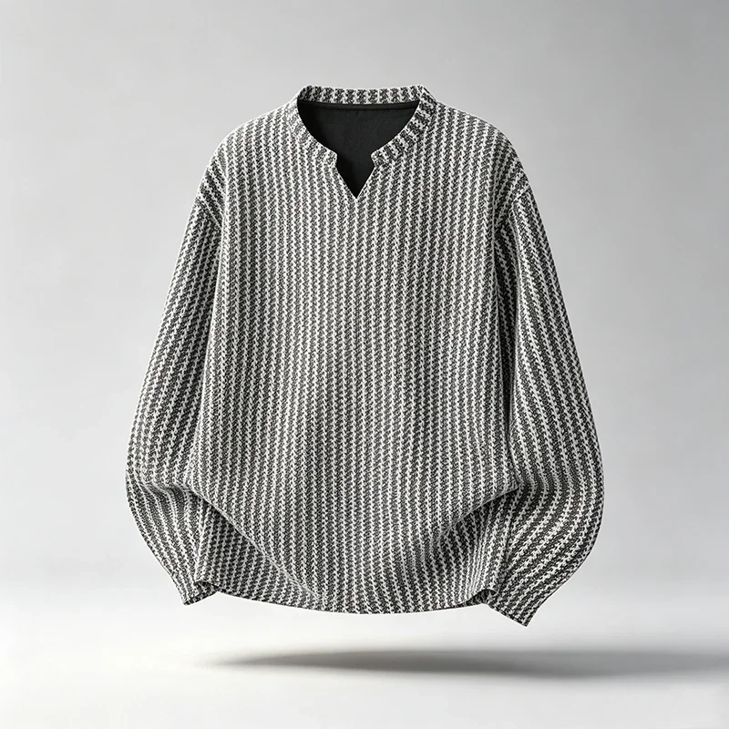 Men Textured Notch V Neck Long Sleeve Shirt Loose Fit Woven Fabric Casual Tops Retro Stripe Pattern Streetwear Daily Wear