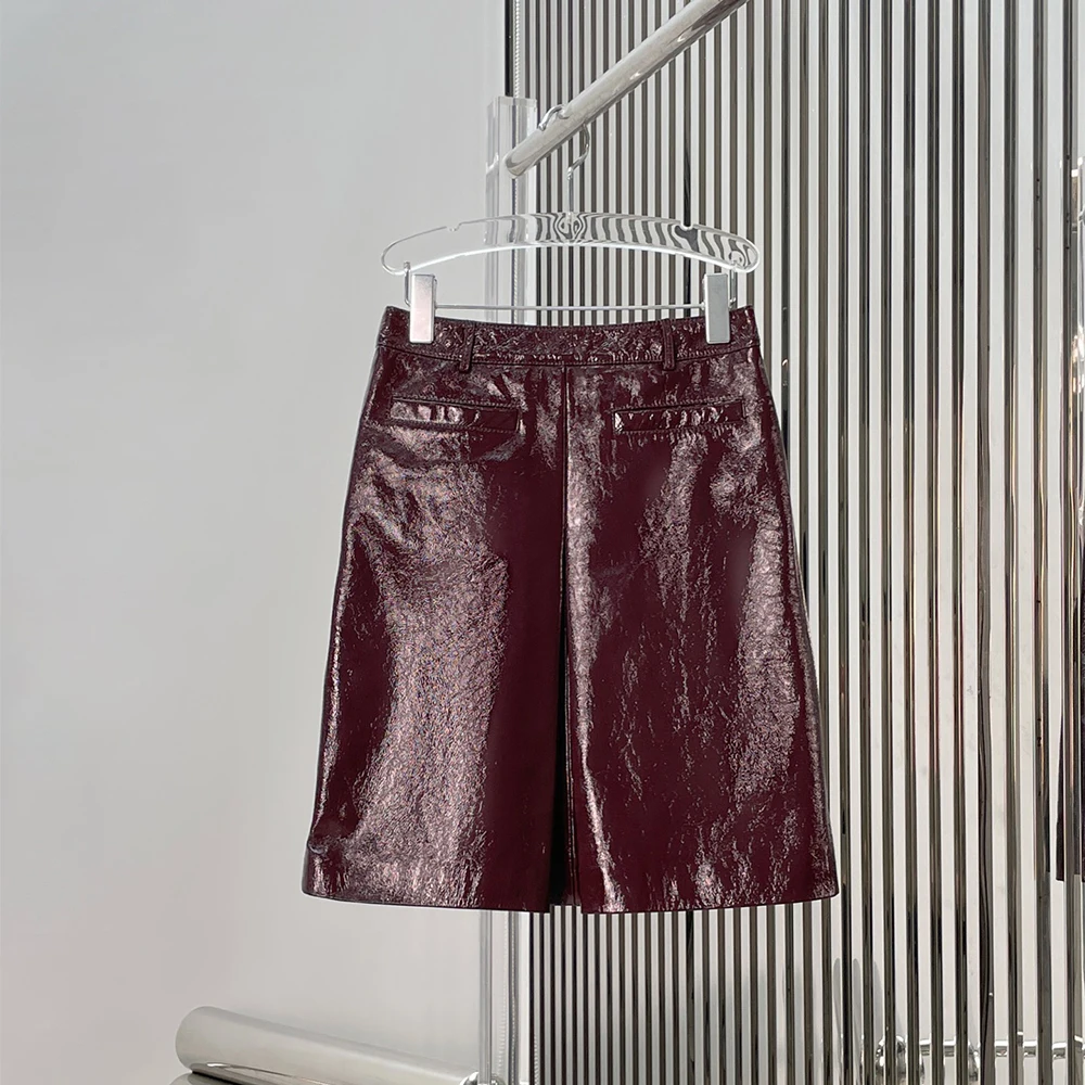 Burgundy Oil-Waxed Leather Skirt for Women Elegant Commuter High-Waisted Straight Skirt Spring 2026 New Arrival Y2K Style