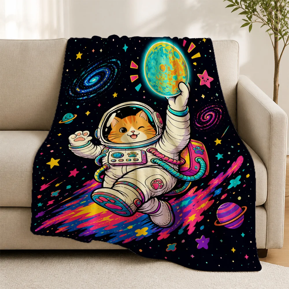 Adorable Cat Astronaut Space Throw Blanket Plush Fleece Cozy Galaxy Planets Sofa Decor Gift Warm Winter Living Room Home Decor