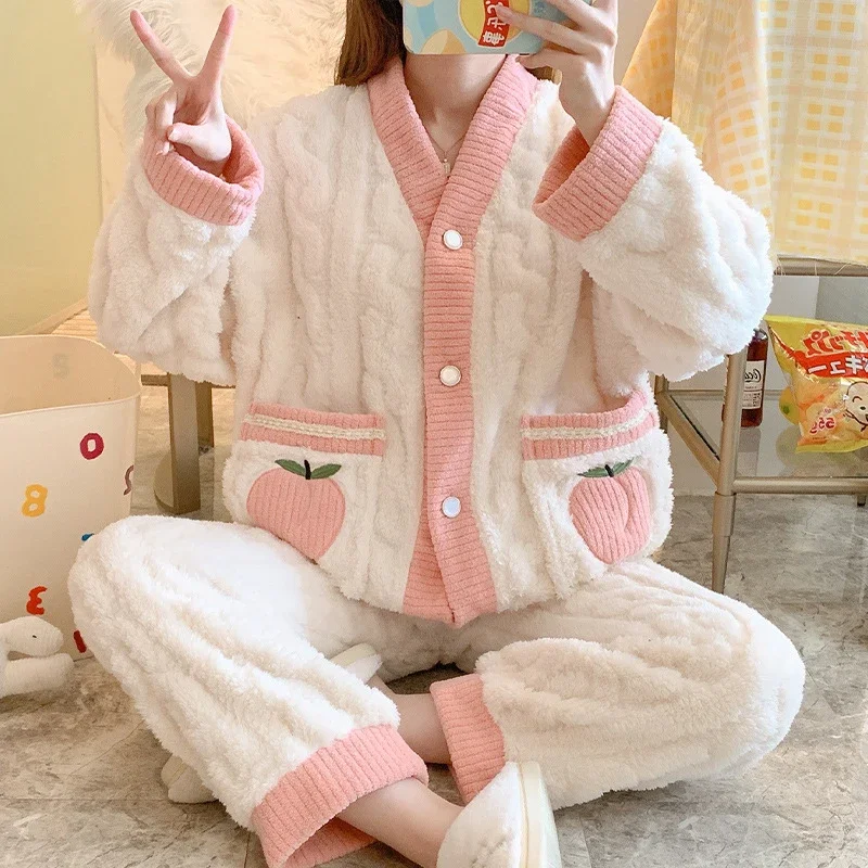 

Winter Women's Pajamas Set 2 Pieces With Pant V Neck Ladies Sleepwear Thick Fleece Long Sleeve Autumn Warm Home Suit For Female