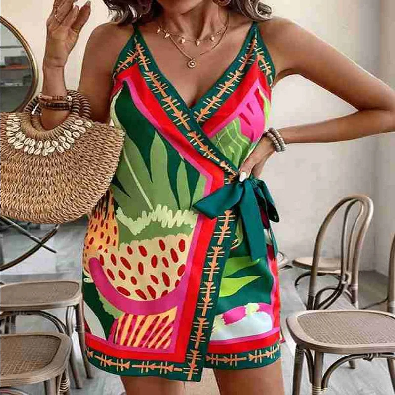 Women'S Sleeveless Wrap V Neck Tie Knot Boho Short Dresses