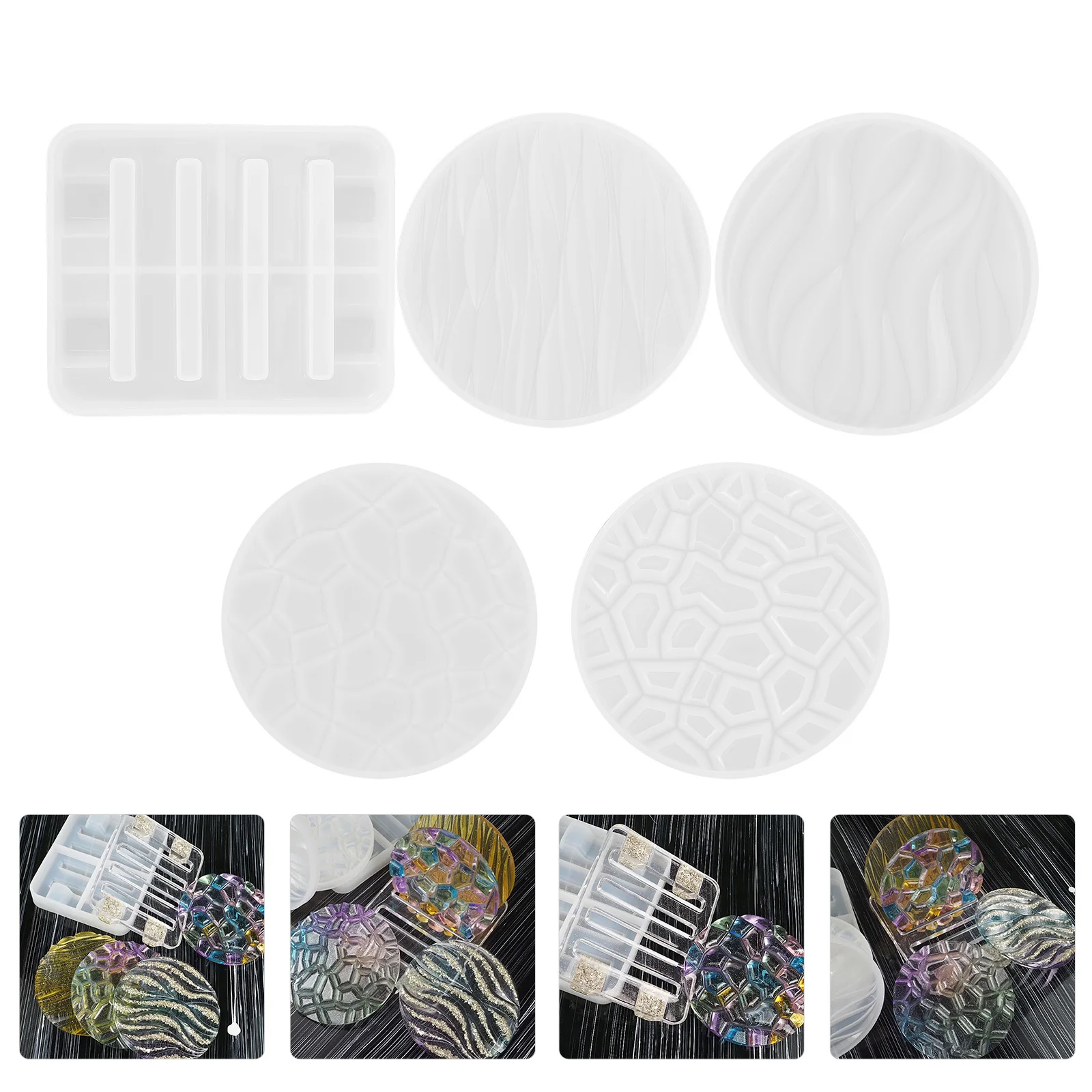 1Set Crystal Epoxy Resin Coaster Molds Silicone DIY Casting Mold Kit Coaster Stand Holder Mold Reusable Cup Mat Making Trays