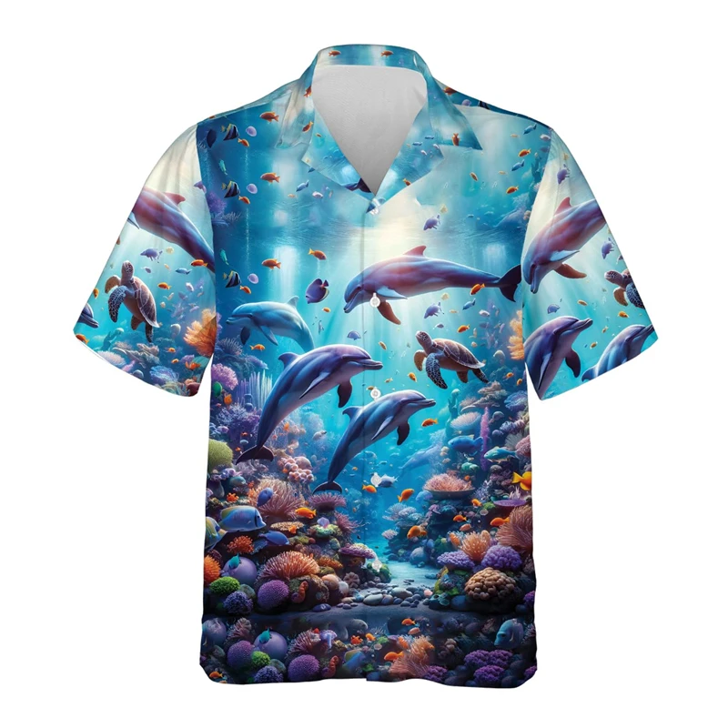 Cute Dolphin 3D Printed Shirts For Men Clothes Mammals Hawaiian Beach Shirt Aloha Flower Women Lapel Blouse Kawaii Button Tops