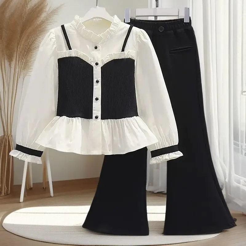 

2026 New Girls Luxury Elegant Set Kids Luxury Style Shirt Children Long Sleeve Flared Pants Two Piece Outfit Holiday Wear