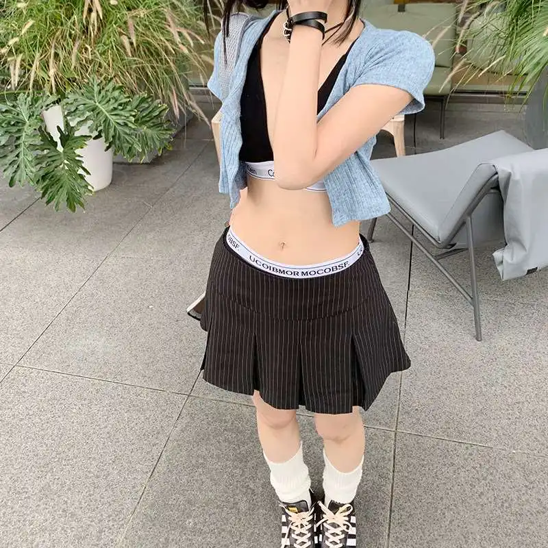 Jupe plissée décontractée en soie Orange pour femmes, à rayures américaines, en Fiber de Polyester bicolore, jupes de printemps pour dames