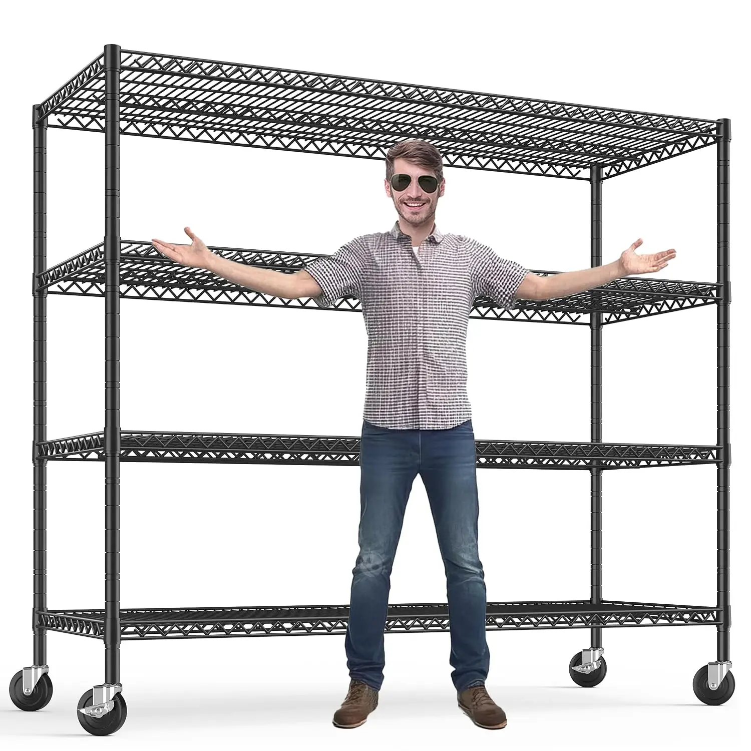 Heavy Duty 4-Tier Shelf Rack with Wheels, 2480LBS, 1" Steel Tube, Lockable Casters, Tool-Free, Garage Warehouse, Customized