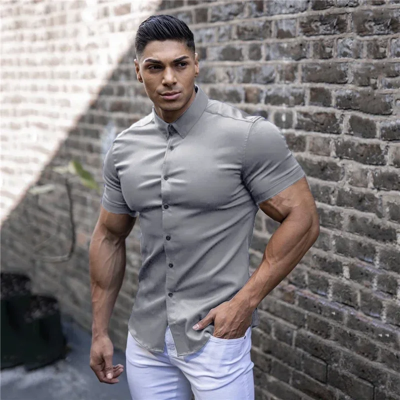 Camisa de manga curta sólida masculina, Super Slim Fit, Camisa Social Masculina de Negócios, Roupas Esportivas Fitness, Marca Casual, Moda