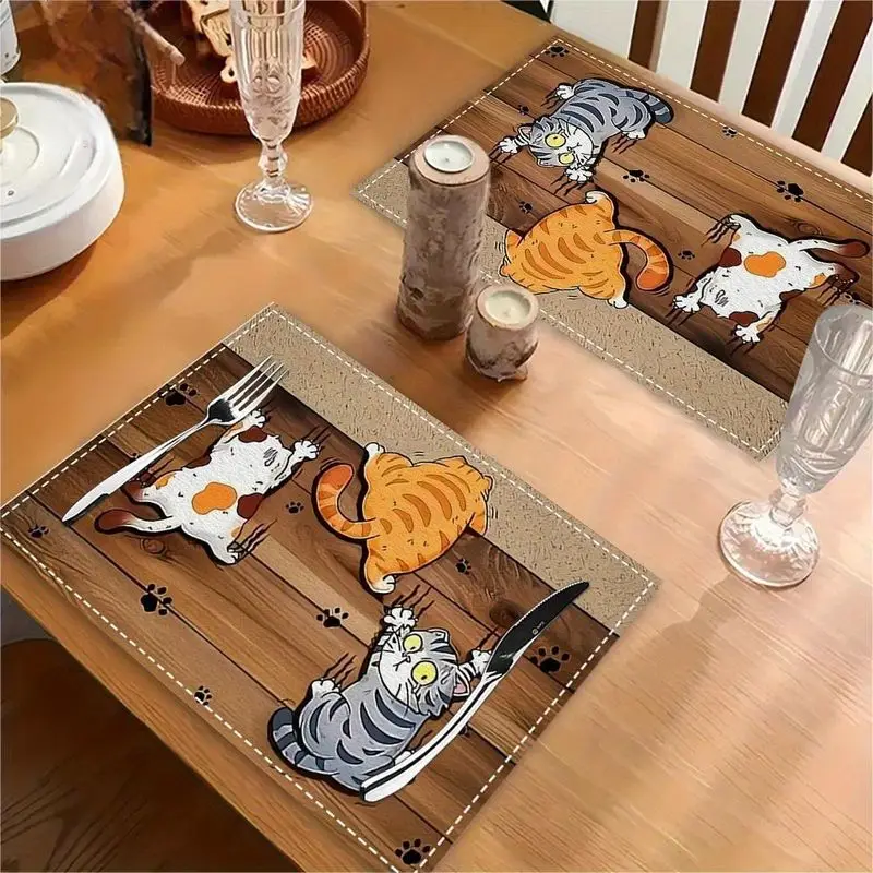VIKAMA 2/4/6pcs Cartoon Climbing Kitten Paw Print Placemats Washable Non Slip Table Mats Daily Dining Party Home Decor