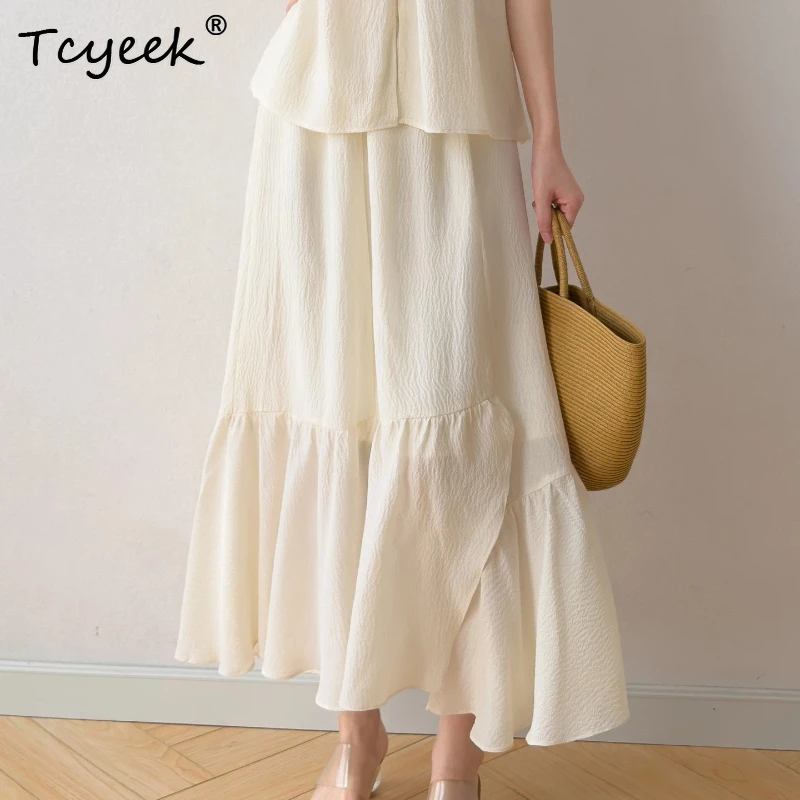 Tcyeek 100% Real Silk Long Skirts for Women 2026 Spring Summer Flowing Fish-tail Hemmed Skirt Women Clothing Faldones Para Mujer