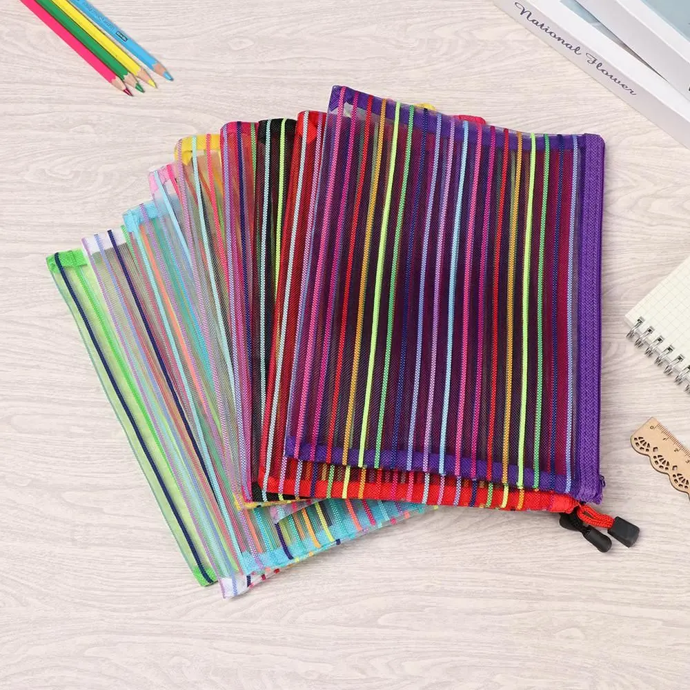Simple Rainbow color Mesh Document Bag Multicolor Zipper Stationery Bag Nylon Bag Pencil Case Office Student School Supplies