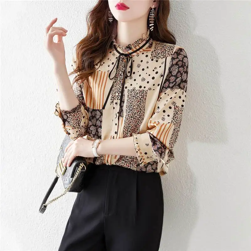 Spring Autumn New Round Neck Long Sleeve Fashion Shirt Women Casual Printing Button Lacing Cardigan Edible Tree Fungus Chic Top