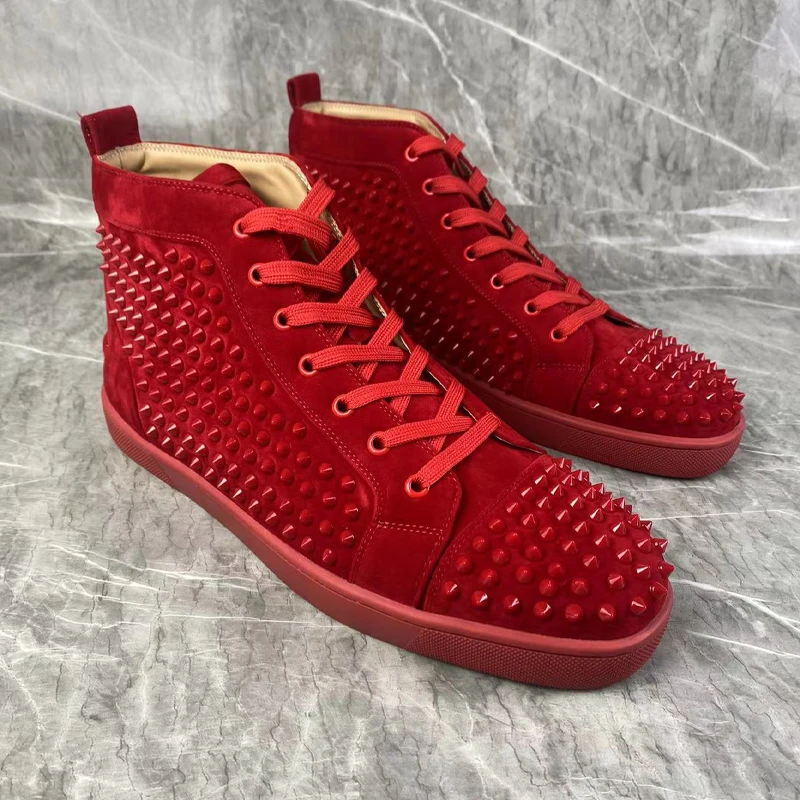 Red Rivets Suede For Men Shoes Stylish High-top Designer Sneakers Spring Lace-up Casual Sports Leather Luxury Trainers Men Shoes