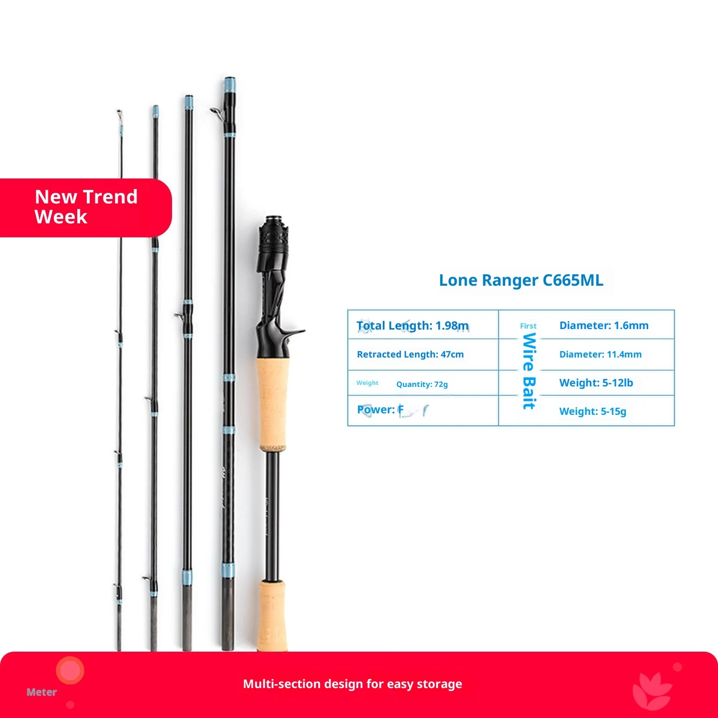 

Удочка для путешествий Diaobang Lone Ranger C665ML, 5-секционная, портативная, с кольцами Fuji, быстрого строя ML, 1.98м, 47см, для ловли баса и мандариновой рыбы