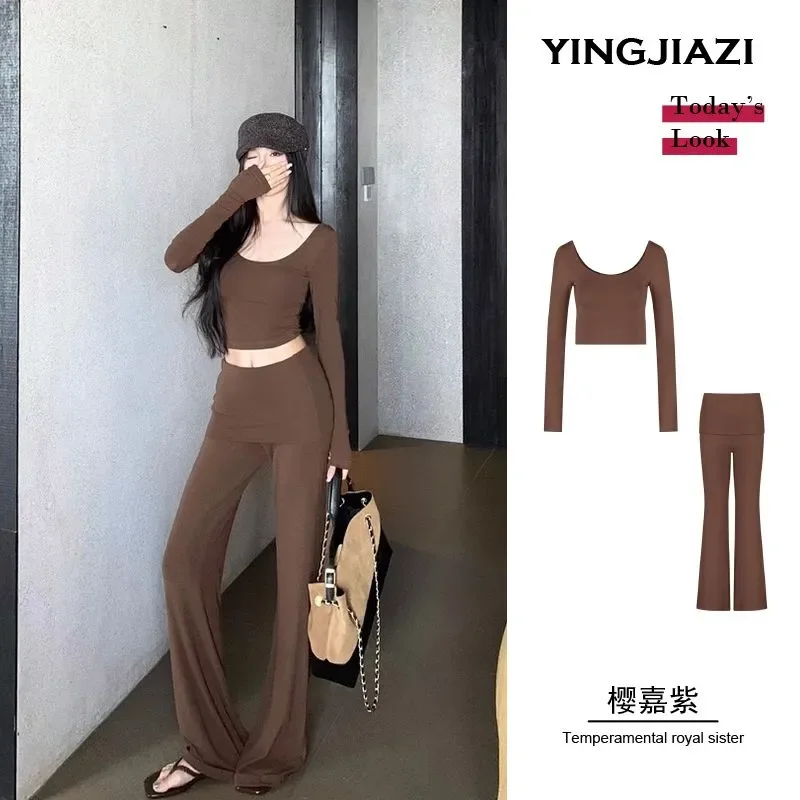

2026 Set Women's Spring New Slim-fit Long-sleeved T-shirt Top High Waist Micro Horn Long Pants Two-piece Set