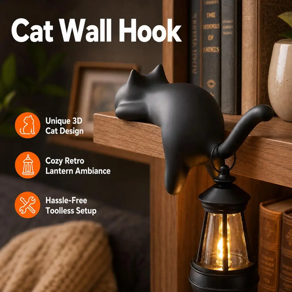 3D Printed Cat Shelf Hanger Night Light Desk Edge Hook Counter Balance No Drill Key Holder Button Battery Included Black White