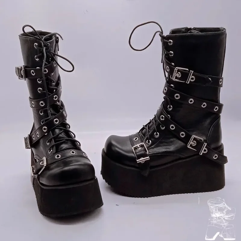 Women's Shoes 2024 Side Zipper Women's Boots Fashion Belt Buckle Modern Boots Women New Front Lace-up Platform Mid-Calf Boots