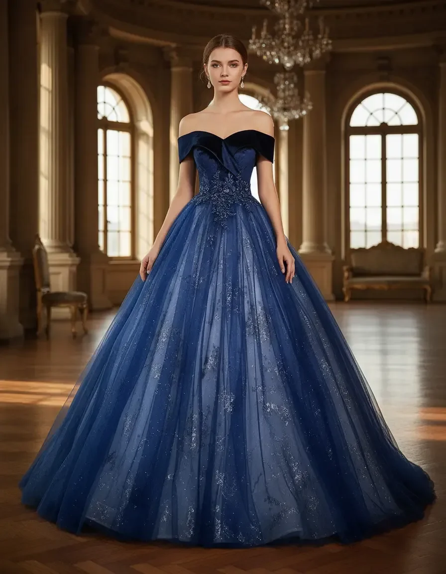Elegant Navy Blue Off Shoulder Sparkle Tulle Quinceanera Ball Gown Wedding Evening Party Formal Gown Free Petticoat